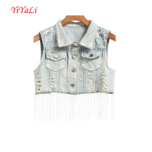 Mulheres Outerwear Tops Fashion Girl Clothes Lantejoulas Jeans Vest / Top